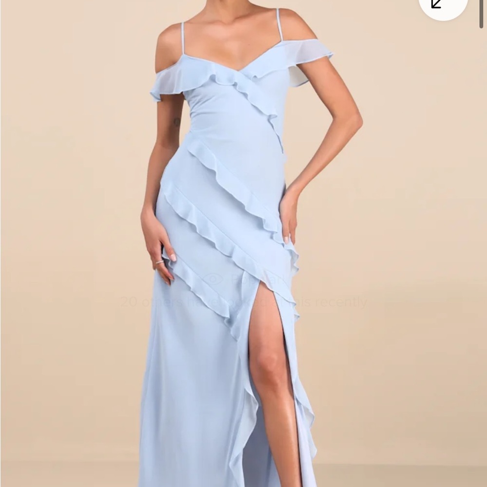 Lulus Blue Ruffle Off the Shoulder Maxi Dress with Slit